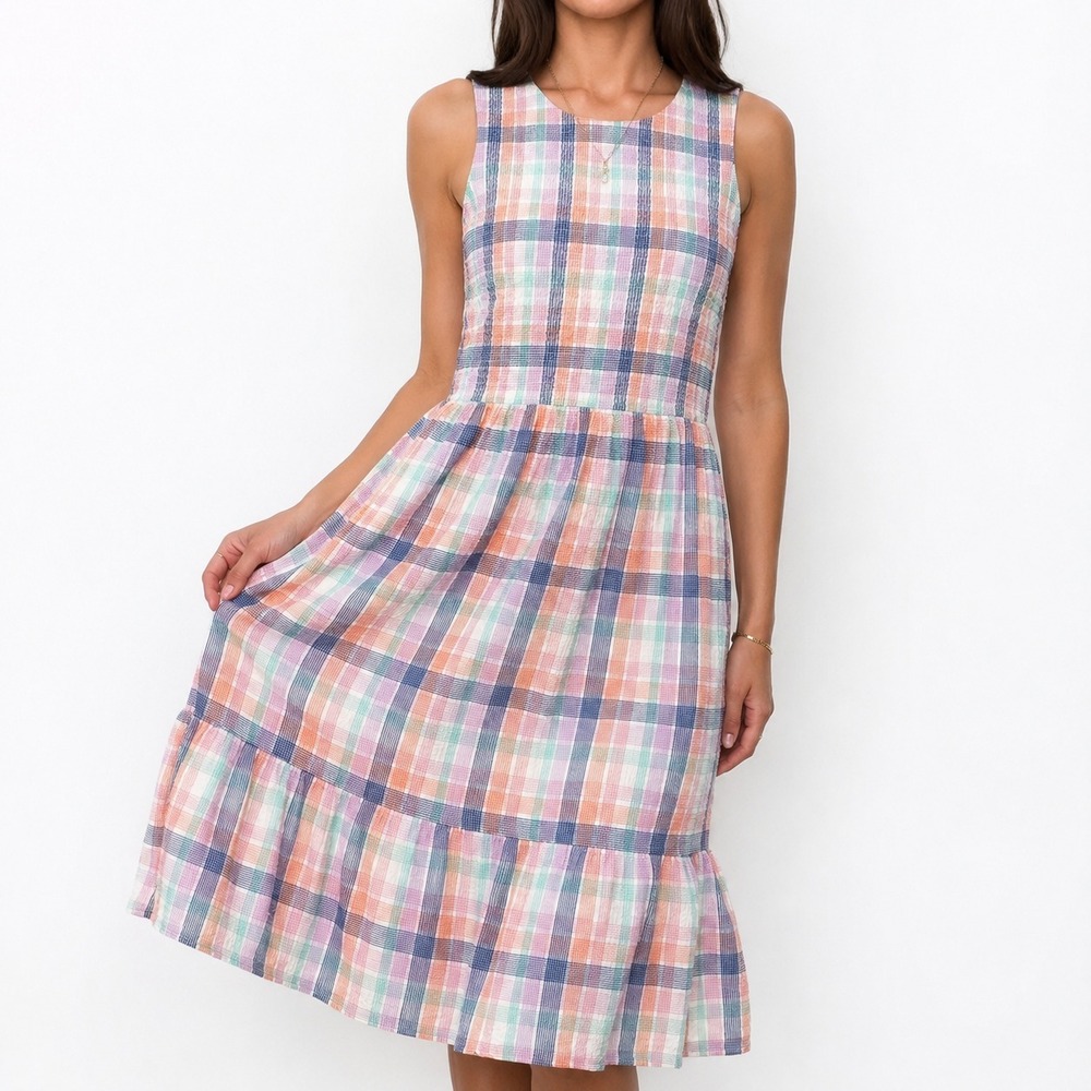 J.Crew Tiered Midi Dress Women's Medium Pastel Plaid Round Neck Sleeveless